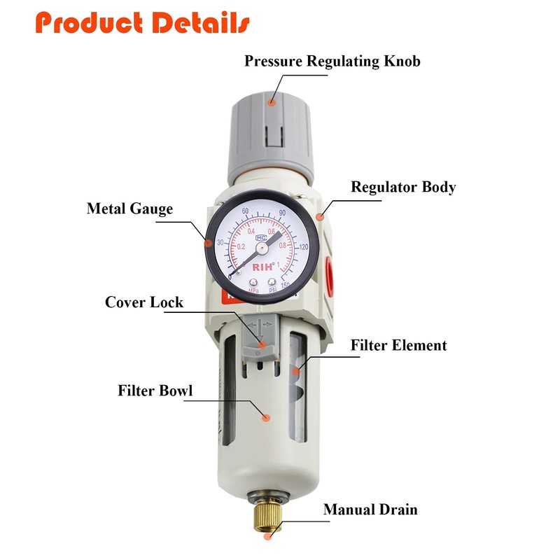 RIH Pneumatics 1/2"NPT Air Filter Pressure Regulator Combo Piggyback, 5