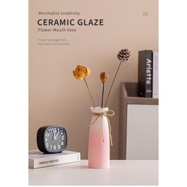 Decorative Ceramic Flower Vase, Pink Ombre with White Rim, Rustic Jute Bow, Modern Home Decor | 8 inches (20.5 Centimeters) Ceramic Flower Vase (Pink)