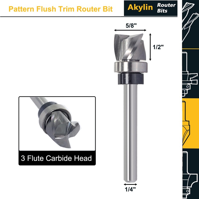 Spiral Pattern Flush Trim Router Bit 1/4" Shank, Solid Carbide