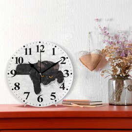 susiyo Round Wall Clock Battery Operated Decor Clocks for Living Room Kitchen Desk Farmhouse - 9.8 Inch (Black Cat)