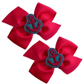 Girls Nautical Anchor Pinwheel Hair Bow SET (Alligator Clip, Shocking Pink & Turquoise)