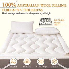 Wool Filling Mattress Topper Queen Size, 2 Inch Extra Soft Mattress Pad, Bed Mattress Pad with Cotton Cover (White,60" x 80")