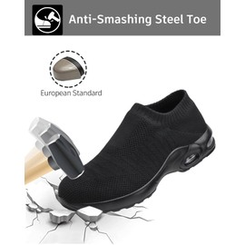 Steel Toe Shoes for Women with Arch Support, Lightweight Comfortable Work Safety Shoes Slip Resistant Indestructible Sneakers, All Black 37.5
