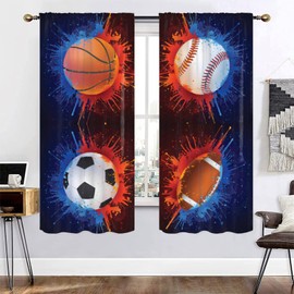 XING7DAY Sports Splash Art Blackout Curtains, Basketball Soccer Baseball Football Curtain Rod Pocket Thermal Insulated Drapes Darkening Window Curtain for Boys Bedroom Living Room, 42 x 45 Inch