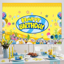 Cartoon Yellow Sponge Backdrop Happy Birthday Banner Party Supplies Photography Photo Backgrounds Sign Indoor Outdoor Yard Signs Wall Decoration Kids Decor (Yellow)