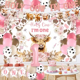Highland Cow 1st Birthday Decorations for Girl Floral Boho Holy Cow Im One Birthday Backdrop Pink First Bday Chair Banner Honeycomb Cupcake Topper for Bohemian Animal One Year Old Party Supplies