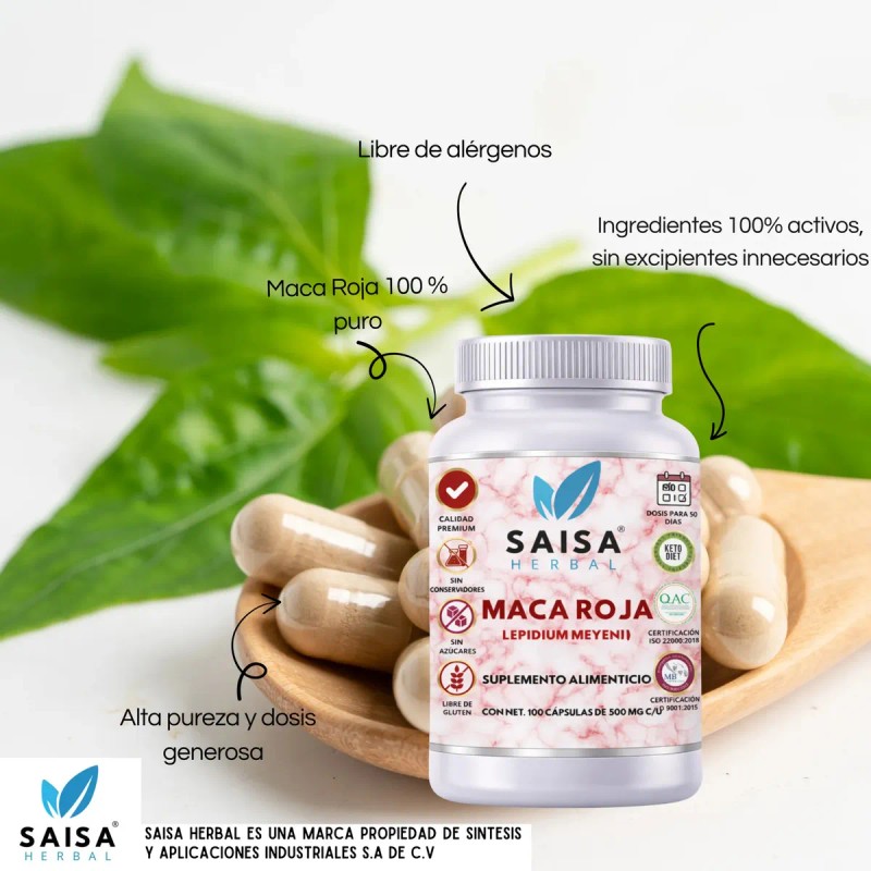 Maca Roja Orgánica 100 Pura Cápsulas Suplemento Alimenticio Saisa Herbal
