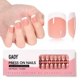 GAOY French Gel Nail Tips, 240Pcs Press on Nails Light Pink Medium Square Gel X Nail Tips, Pre-applied Tip Primer and Base Coat Cover, 15 Sizes Pre-filed Fake Nail Tips for Nail Extension - Color: Nude-Short Square-Glossy