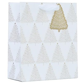 Design By Violet Festive Snowy Christmas Tree Gift Bag Eco Friendly Recyclable with White Handle and Christmas Tree Gift Tag Xmas Gift Wrap Medium