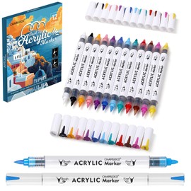 CHARSOCO Acrylic Paint Markers, 12 Colors Dual Tip Acrylic Paint Pens, Water-Based No-Bleed Markers with Automatic Ink Control System, Bullet & Brush Tip, Works on Paper, Wood, Ceramic, Rock,813-12pcs