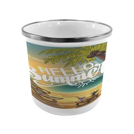 Ambesonne Hello Metal Camping Cup, Seashore with Palm Tree and Chair Illustration with Hello Summer Calligraphy Print, Stainless Steel Mug for Indoor and Outdoor Activities, Multicolor