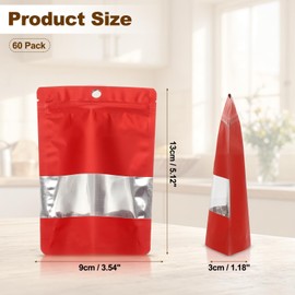 PATIKIL 3.54x5.12 in Stand Up Pouch Bags, 60 Pack Resealable Matte Metallic Aluminum Foil Bags Pouches with Clear Window and Zip for Food Storage Snack Packaging, Red