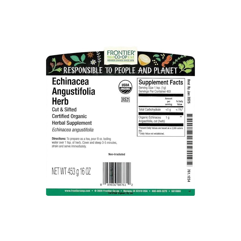 Frontier Co-op Organic Echinacea Angustifolia Herb, 1lb Bulk Bag -