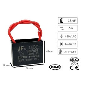 CBB61 18µF 450V AC ±5% 25/105/21 Capacitor, 105°C Resistant - Starting Capacitor for Motors, Ceiling Fans, Hoods, Pumps - 50/60Hz - 1 Piece