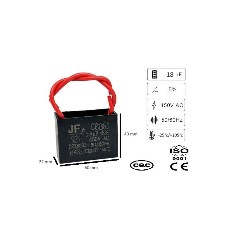 CBB61 18µF 450V AC ±5% 25/105/21 Capacitor, 105°C Resistant -