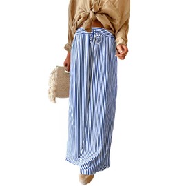 Acelitt Womens Casual Striped Loose Wide Leg Pants Drawstring Elastic High Waisted 2025 Summer Trendy Relaxed Fit Beach Pants Trousers Blue XL