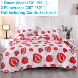 SDIII 3PCS Pink Strawberry Duvet Cover Set Full, 1 Strawberry Duvet Cover Full + 2 Pillowcase, Strawberry Full Duvet Cover for Girls Boys Kids Teens
