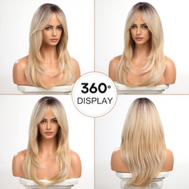 HAIRCUBE Curtain Bangs Nature Layered Wigs for Women Advanced Hierarchical Hairstyle Heat Resistant Synthetic Fiber(Dark Root Ombre Light blonde)