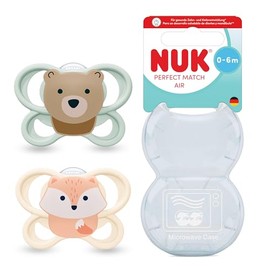 NUK Perfect Match Air Baby Dummies | 0-6 Months | Orthodontic Dummies That Promote Air Circulation & Prevent Saliva Rash | 95% Baby Acceptance** | Fox/Bear | Pack of 2