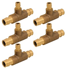 Midline Valve S1228-5 PEX A Monoflow Tee Pipe Fitting for Hydronic Heating Applications; 3/4 in. x 3/4 in. x 1/2 in. Pex Connections; Brass (5 Pack)