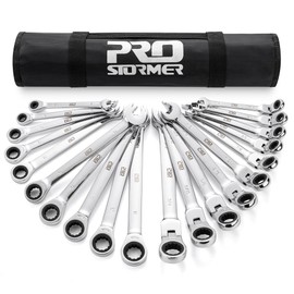 Prostormer Ratcheting Combination Wrench Set, 20-Piece SAE & Metric Wrench Kit with Pouch, 72-Tooth, Cr-V Steel, 10Pcs Flex-Head 1/4" to 3/4" & 10Pcs Fixed Head 6-18mm