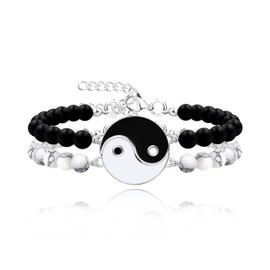 Yin Yang Fish Bracelets Set for Couples - His and Hers Round Black Beads Bracelets for Men Women with Extended Stainless Steel Chain, Matching Puzzle YinYang Fish Bracelets for Boyfriend Girlfriend Best Friends Y2473