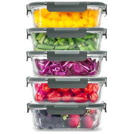 Zulay Kitchen 5 Pack Glass Meal Prep Containers with Lids - Airtight, Premium Borosilicate Glass Food Storage Containers - Microwave, Freezer & Oven Safe, BPA Free - Gray