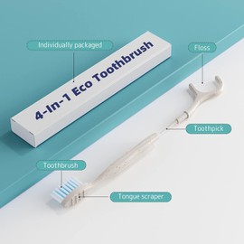 NUDUKO Travel Toothbrush Dental Floss Picks - 4 in 1 Biodegradable Disposable Toothbrushes with Tongue Scraper, Eco-Friendly Individually Wrapped Toothbrush for Adult Kids Travel Oral Care, 80 Pack