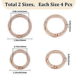 GORGECRAFT Pack of 8 2 Sizes Rhinestone O Ring Light Gold Round Spring Clips Carabiner Snap Clip Buckle Bling Gate Rings Bulk Pack for DIY Jewellery Key Chain Handbag Purse Tasc