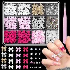 3D Bow Nail Charms and Gems, Pink Color Acrylic Bows for Nails Silver Gold Alloy Nail Bows, Bowknots Flowers Nail Charms and Rhinestones for Acrylic Nails Y2K DIY Nail Art Accessories