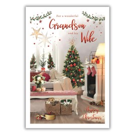 Grandson and His Wife Christmas Card - Decorative Christmas Tree - Artistic Festive Design - Special Finishes and Illustrated Insert Leaf - Made in the UK