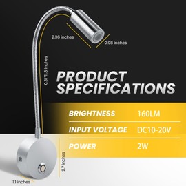 Rsycio 12V Dimmable LED RV Reading Light, 3-Mode USB Gooseneck Lamp for BedHead in Trailer, Camper, Van, Boat & Motorhome - Silver