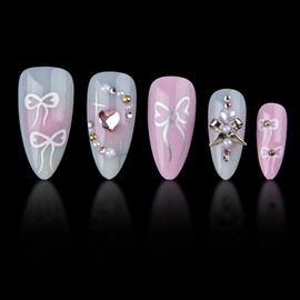 24Pcs Handmade Bow Press on Nails Med-length Almond Fake Nails Glitter Pink French Press on Acrylic Nails with 3D Love Rhinestones Design Bows Stick on Nails Artificial Nails with Glue for Women