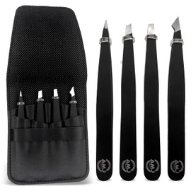 AMJ Professional Eyebrow Tweezers Set, Black Stainless Steel, 4 Piece Precision Tips with Case, 3.78 Inch Length, women beauty care set,Best Gift for Beautiful eyes.