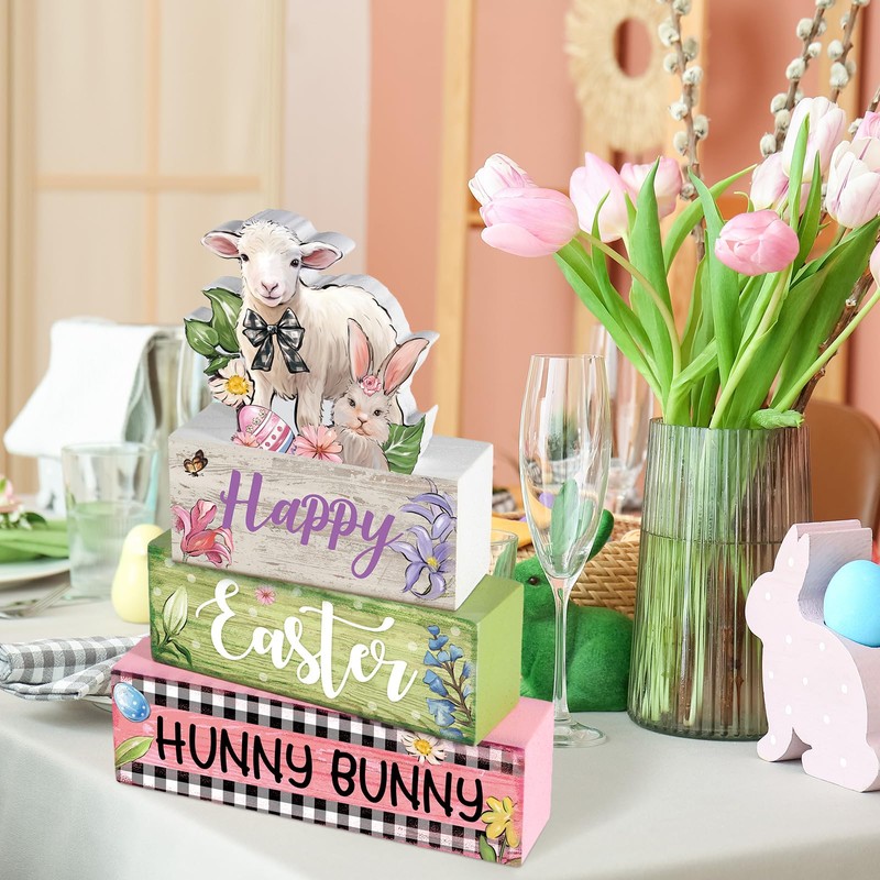 4 Pcs Easter Table Decorations Bunny Tiered Tray Decor Wooden