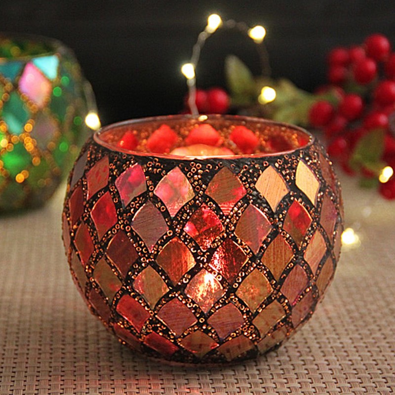 Mosaic Glass Tea Light Holder Romantic Decorative Red Handmade Cracked