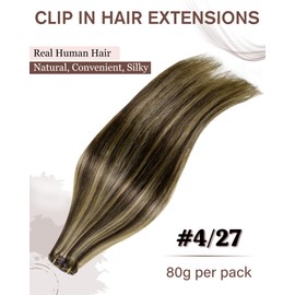 Hetto Clip in Hair Extensions Real Human Hair 22 Inch Clip in Hair Extensions Brown Highlights Human Hair Clip in Extensions Long Straight #4 Highlight #27 Honey Blonde 80g