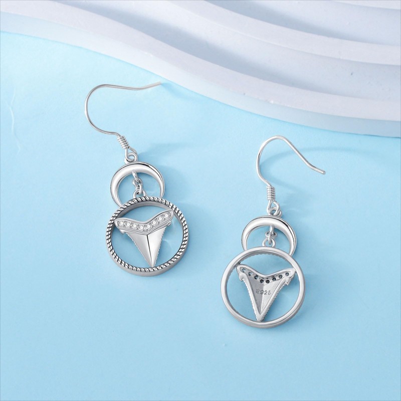 Shark Tooth Earrings 925 Sterling Silver Shark Tooth Dangling Earrings