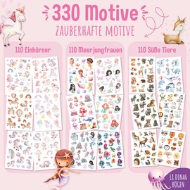 MeinBaby123® 330 Skin-Friendly Children's Tattoos for Girls, Set of 3 Skin Tattoos, Unicorns, Fairies, Mermaids & Animal Motifs, Vegan & Made in Germany (Set of 3, Pink Friends & Forest Animals)