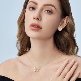 Frigotine Gold Butterfly Stud Earrings Pendent Necklaces Sets for Women, Dainty Rhinestone Cubic Zirconia Crystal Seashell Necklace Earing Jewelry Set Wedding Prom Fashion Birthday Gifts