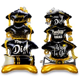 Jenaai 2 Pcs 37" Gold and Black Graduation Caps Foil Balloons Giant Self Standing Congrats Grad Diploma You Did It Theme Balloons for Class of 2026 Graduation Party Decoration Supplies