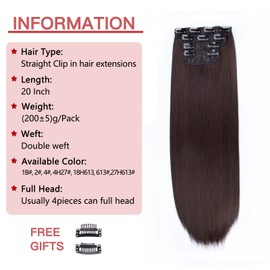 20 Inch Straight Clip in Hair Extensions 4Pcs 11Clips Dark Brown Straight Clip Hair Extensions Double Weft Clip on Synthetic Hair Extension for Women 4#