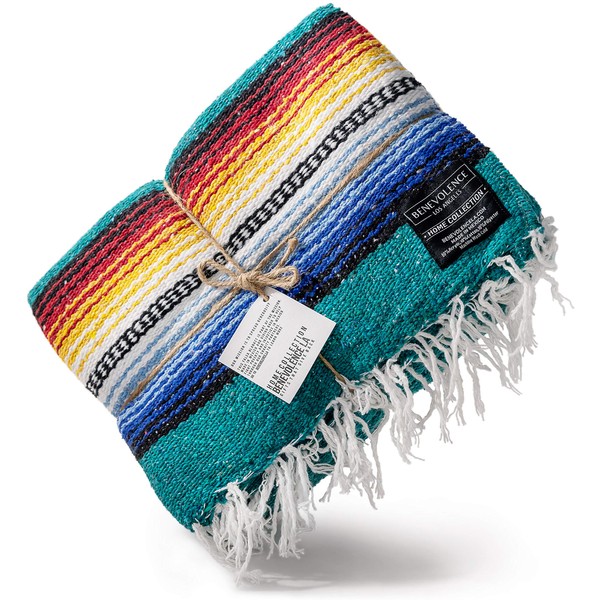 Benevolence LA Mexican Blanket, Authentic Handwoven Yoga Blanket & Outdoor Blanket, Made by Traditional Mexican Artisans, Perfect Camping Blanket, Beach Blanket, Picnic Blanket, & Car Blanket (Agua)