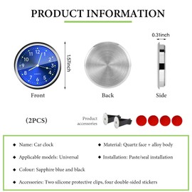 DXNQ 2PCS Stick on Dashboard Car Clock, Mini Luminous Analog Clock with Vent Clip & Adhesive Tape, Tiny Watch Pocket Clock Air Vent Dashboard Decor for Car Motorcycle Bike Home (Blue+Black)
