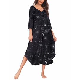 Ekouaer Ladies Long Nightwear Soft Nightdress 3/4 Sleeve Nightshirt Maternity Nightie V-Neck Ladies Nightwear Loungewear Pat2 S