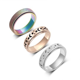 LuckyAmor Anxiety Ring for Women:Colorful Stainless Steel Rings Spinner Rings Band Moon Star Anxiety Ring Gifts for Men for Teen Girls Boys Size 6-10(10,Three Color set)