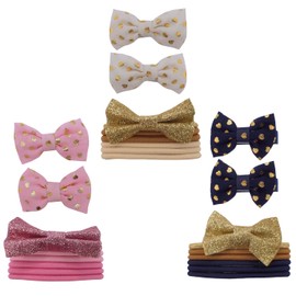 Topkids Accessories 24pc White, Pink, Navy Girls Hair Accessories Set, Metallic Gold Heart Print Bow Clips, Glitter Bow Elastics and Snag Free Hairbands
