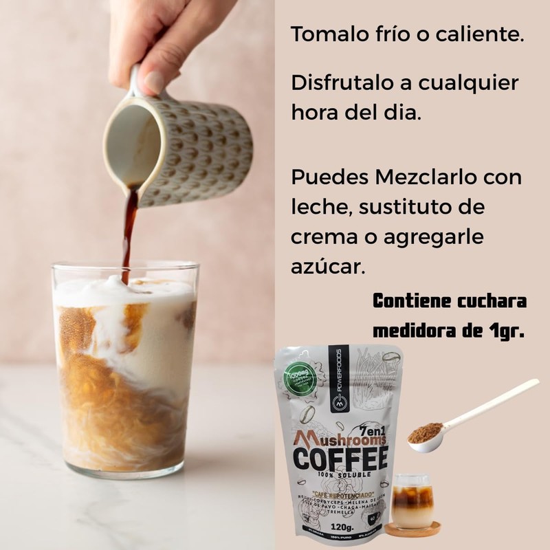 Café soluble con 7 hongos adaptógenos Reishi, Melena de León,