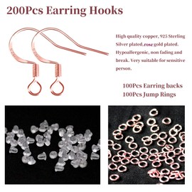 200 PCS/100 Pairs Rose Gold Tone Earring Hooks 925 Sterling Silver Plated Hypoallergenic Ear Wires Fish Hooks with 100 PCS Silicone Earring Backs and Jump Rings Earring Finding for DIY Jewelry Making