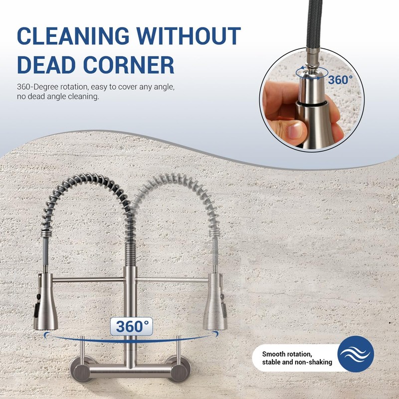 YUHUBY Wall Mount Kitchen Faucet with Pull Down Sprayer 3